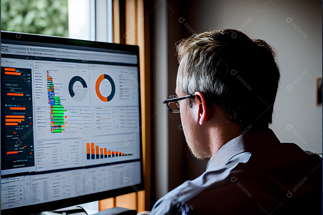 Analista trabalhando no painel de análise de negócios