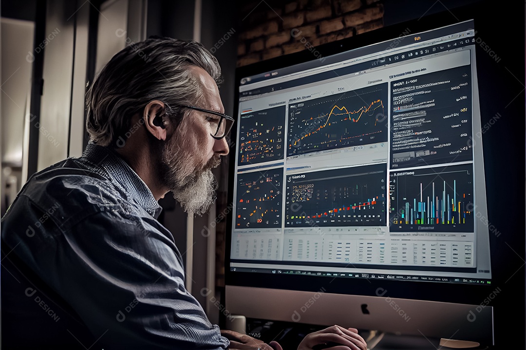 Analista trabalhando no painel de análise de negócios