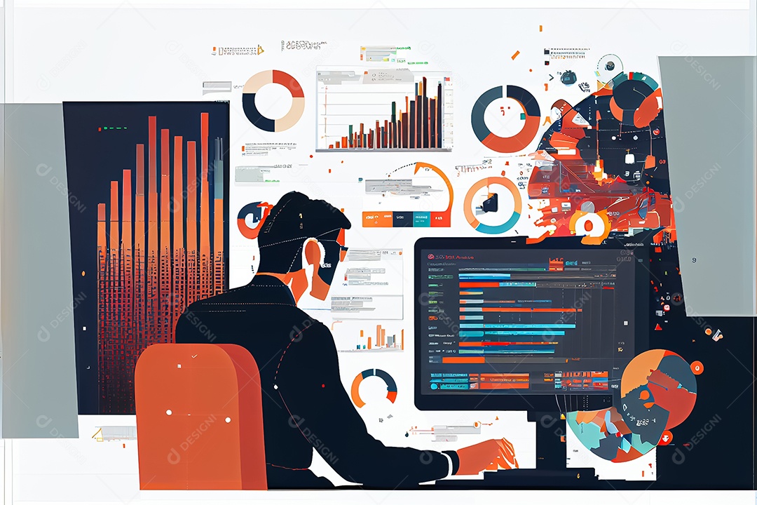 Analista trabalhando no painel de análise de negócios