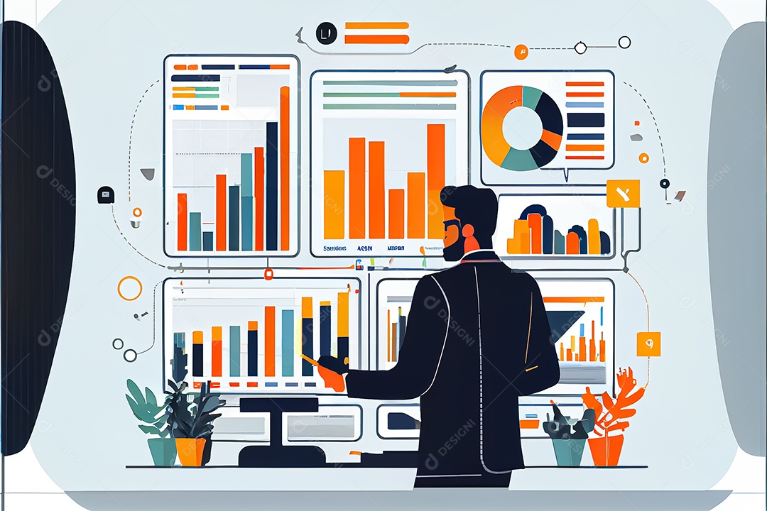 Analista trabalhando no painel de análise de negócios