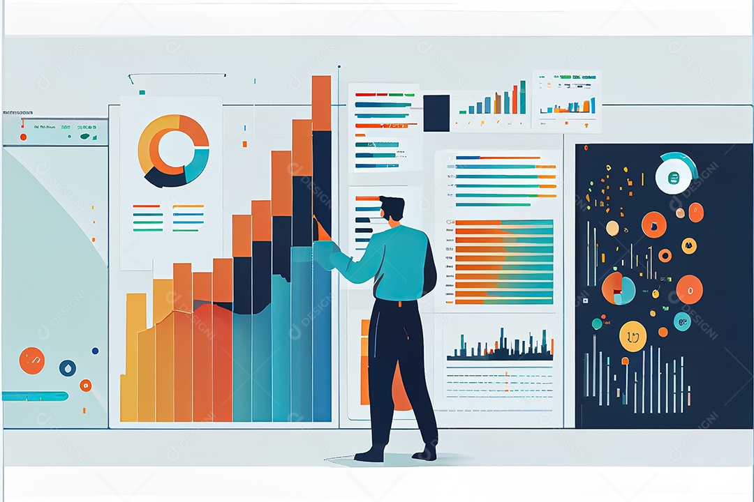 Analista trabalhando no painel de análise de negócios