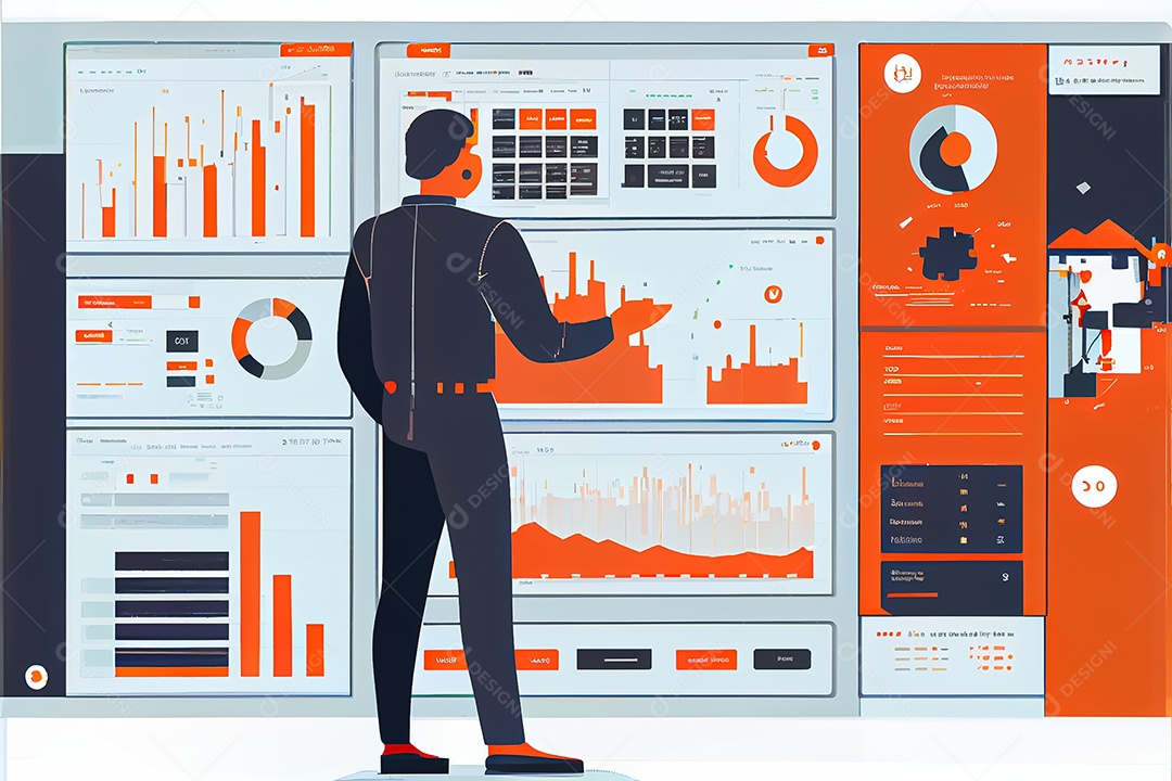 Analista trabalhando no painel de análise de negócios