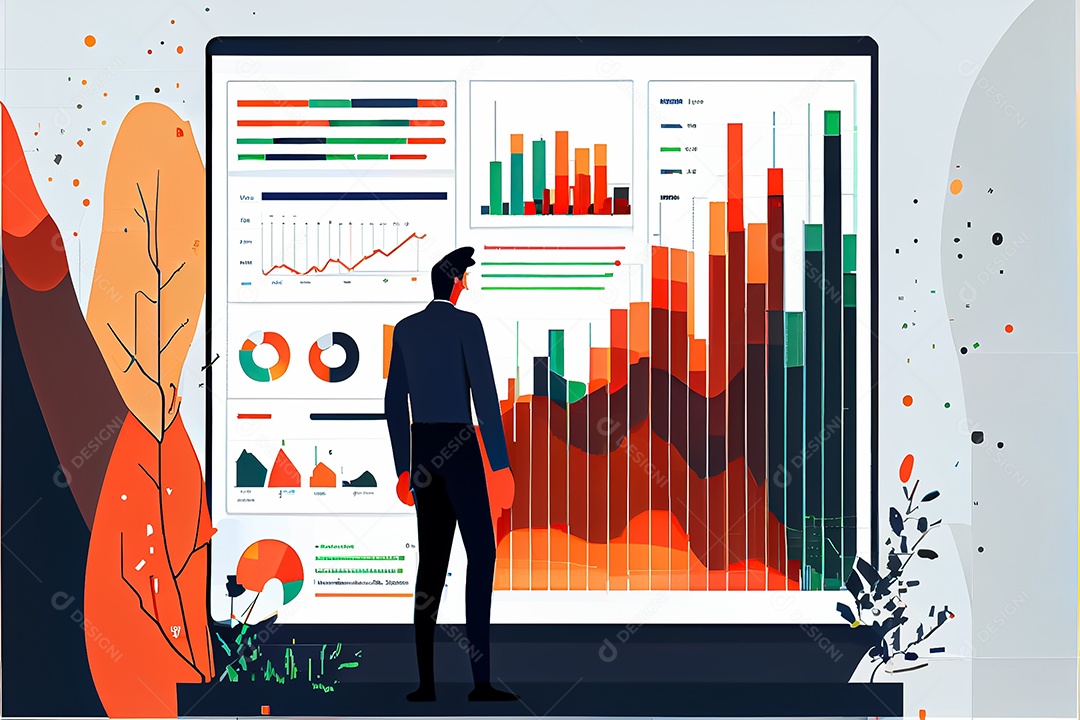 Analista trabalhando no painel de análise de negócios