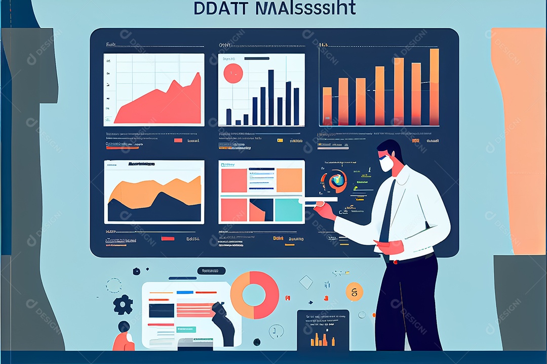 Analista trabalhando no painel de análise de negócios