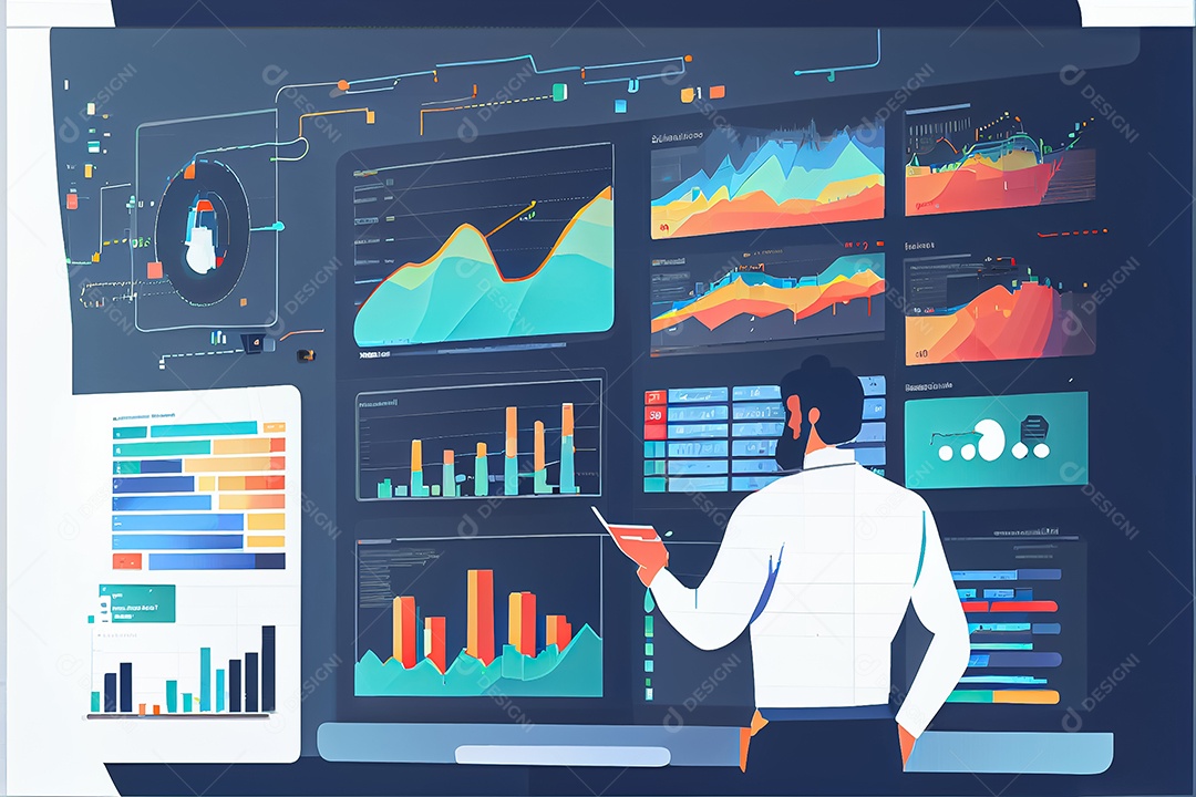 Analista trabalhando no painel de análise de negócios