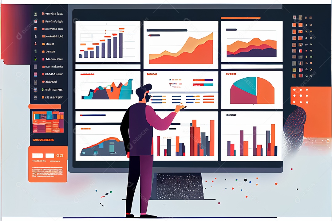 Analista trabalhando no painel de análise de negócios
