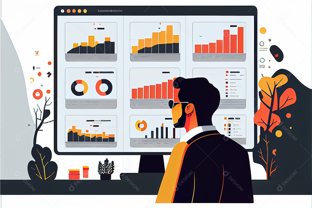 Analista trabalhando no painel de análise de negócios