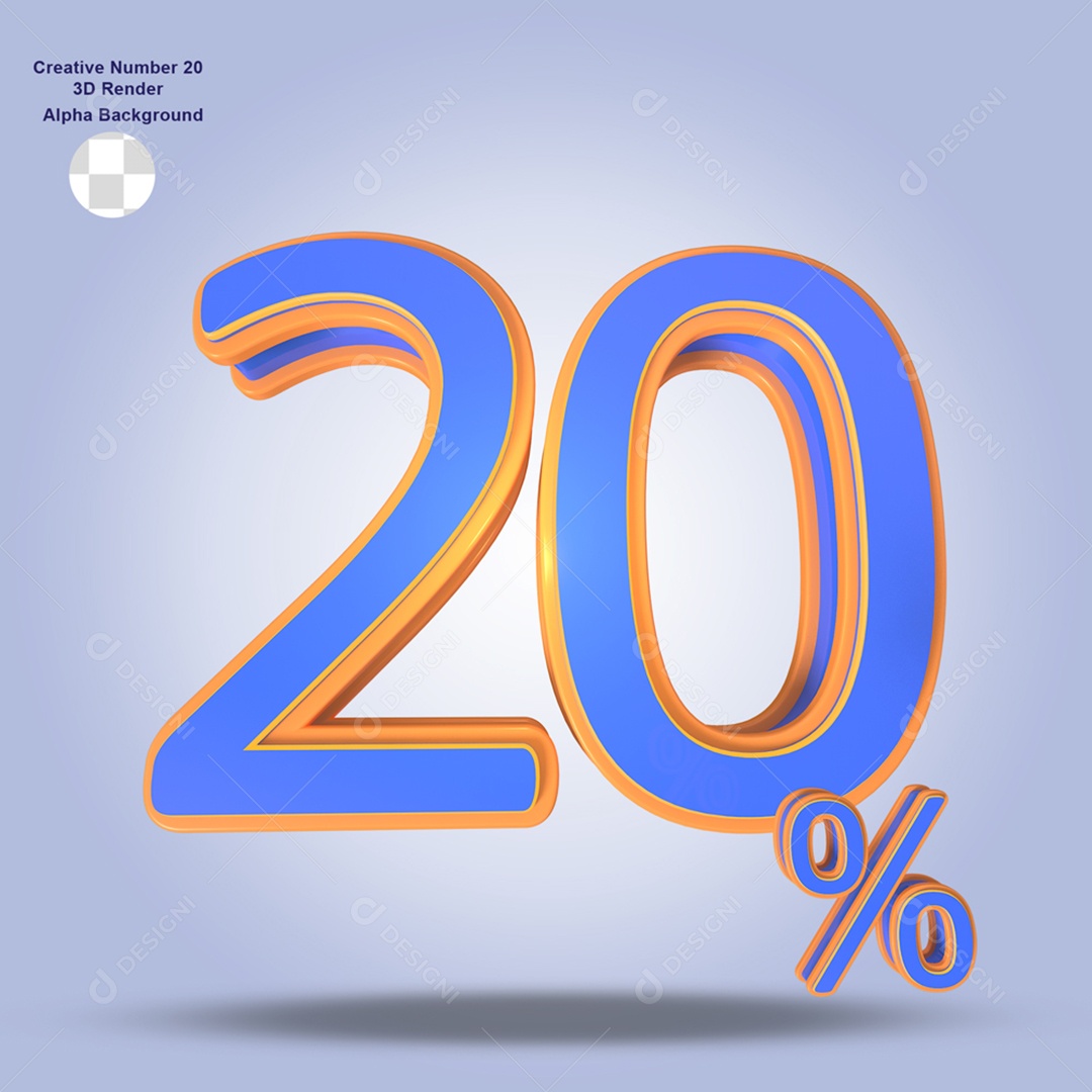 Número 20% Por Cento 3D Azul e Laranja Para Composição PSD