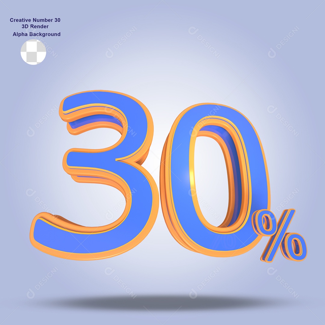 Número 30% Por Cento 3D Azul e Laranja Para Composição PSD