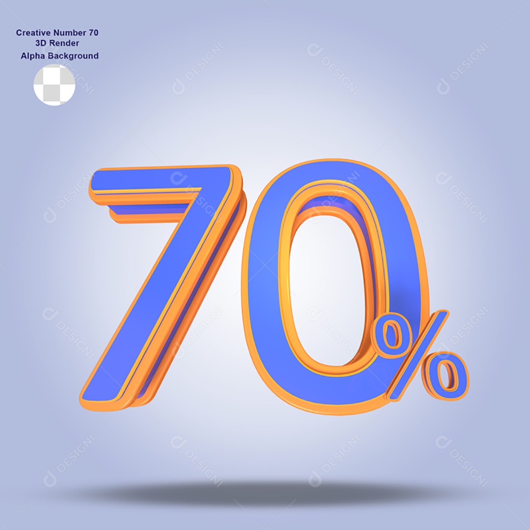 Número 70% Por Cento 3D Azul e Laranja Para Composição PSD