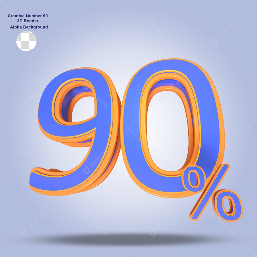 Número 90% Por Cento 3D Azul e Laranja Para Composição PSD