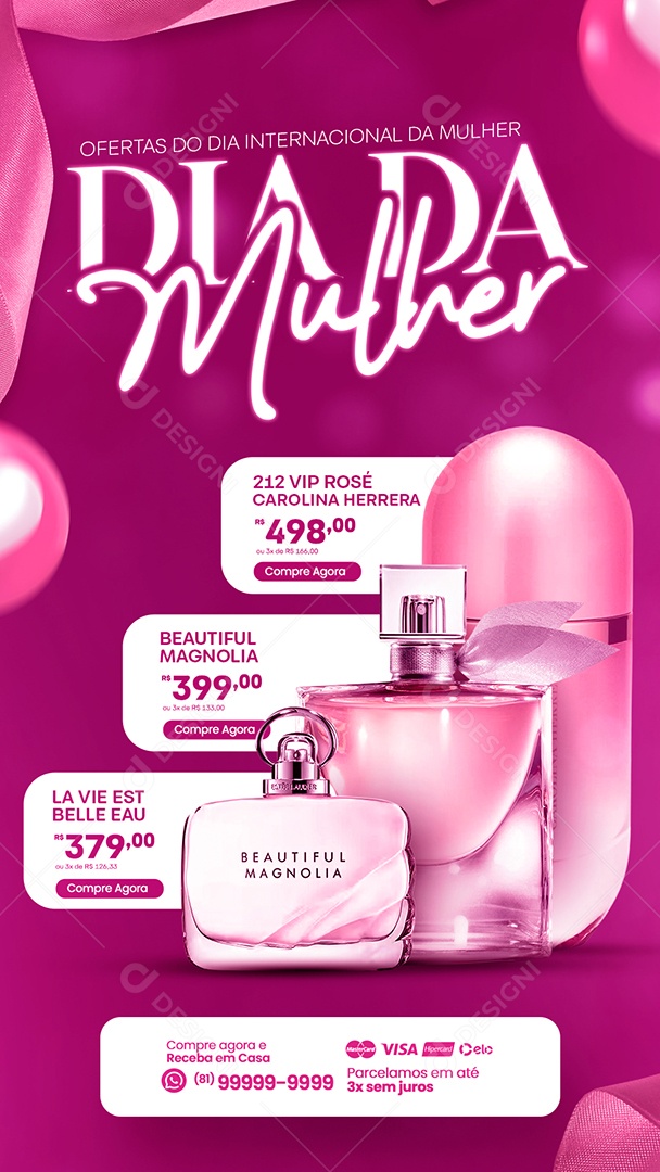 Story Encarte Perfumaria 212 Vip Rose Carolina Herreira Beautiful Magnolia Dia Internacional Da Mulher Social Media PSD Editável
