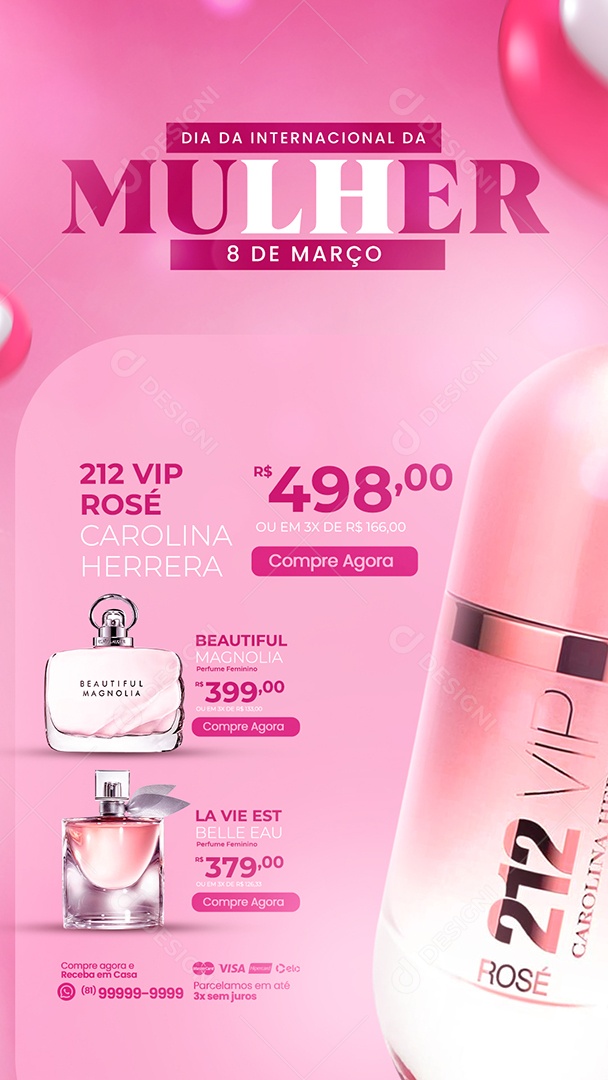 Story Encarte Perfumaria 212 Vip Rose Carolina Herreira Dia Internacional Da Mulher Social Media PSD Editável