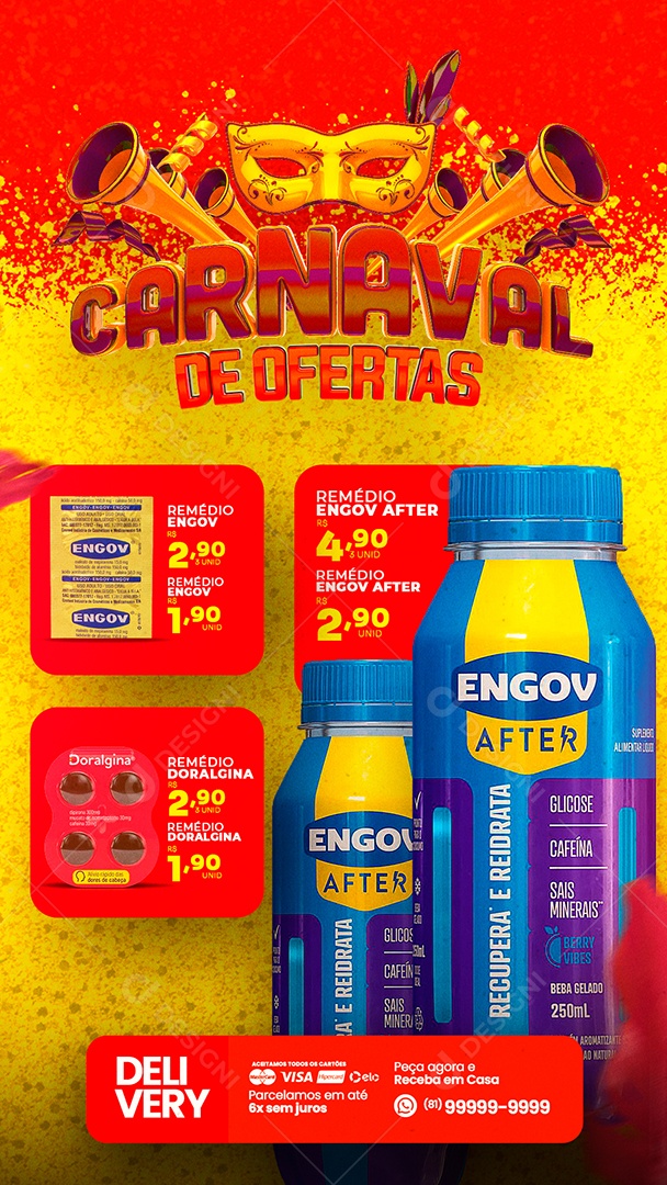 Story Encarte Carnaval de Ofertas Farmácia Remédio Engov Social Media PSD Editável