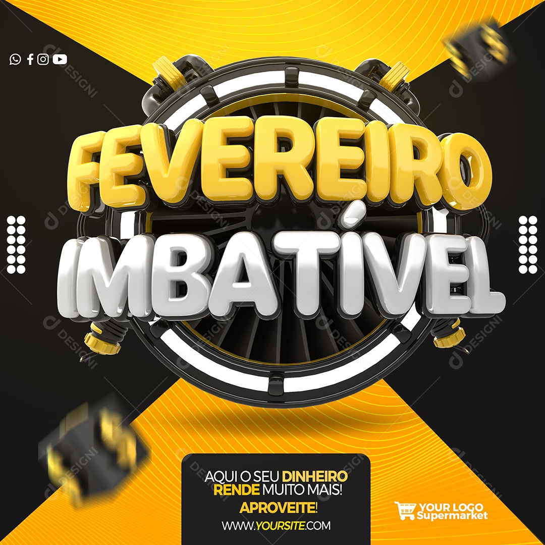 Fevereiro Imbatível Selo 3D Preto para Composição PSD