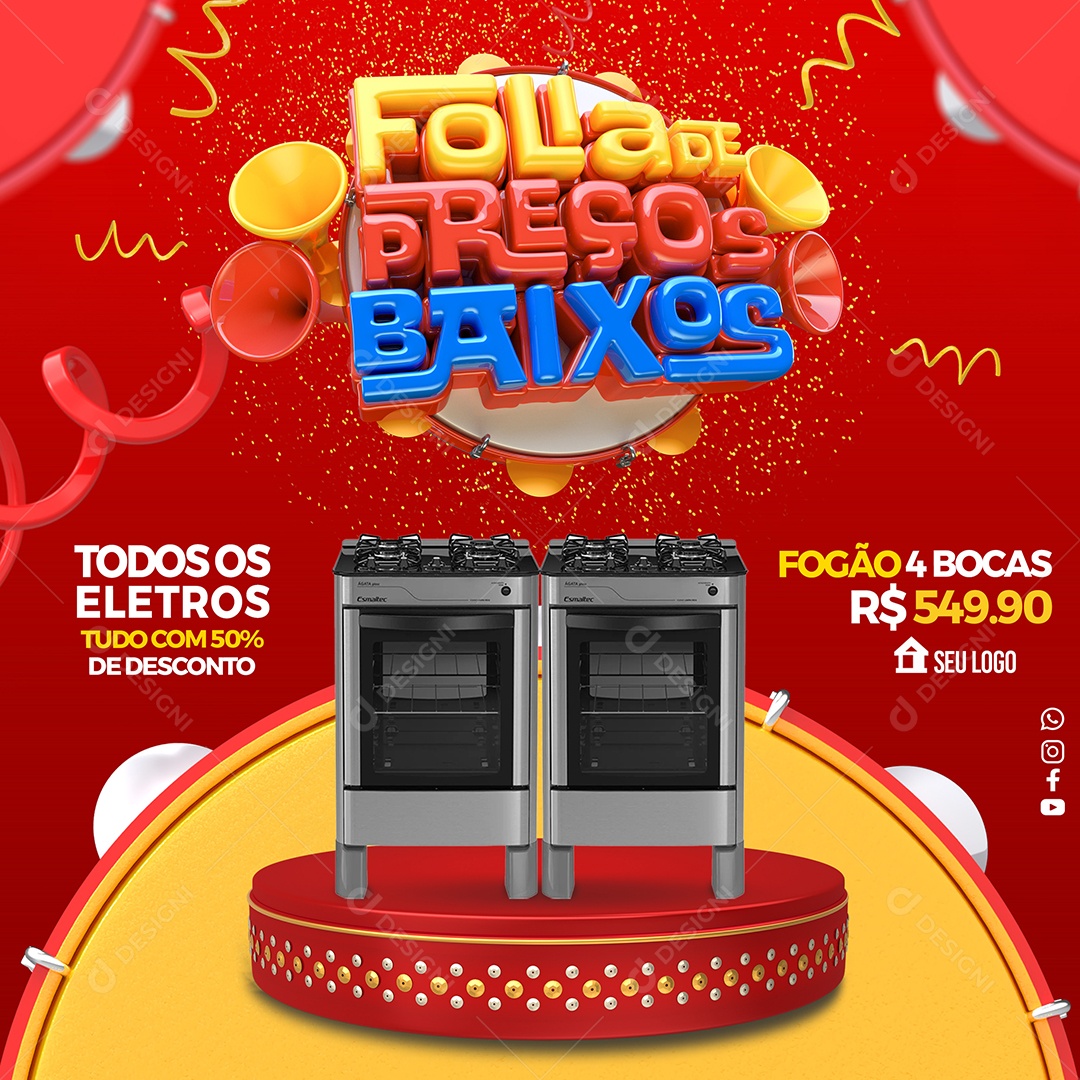 Folia de Preços Baixos Fogão 4 Bocas Lojas Eletros Carnaval Social Media PSD Editável