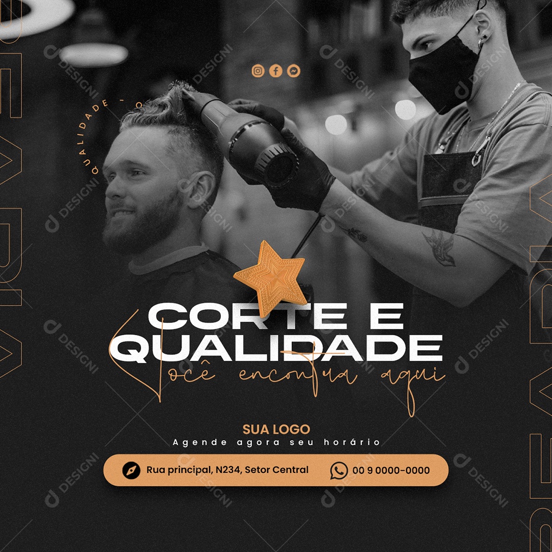 Corte e Qualidade Você Encontra Aqui Barbearia Social Media PSD Editável