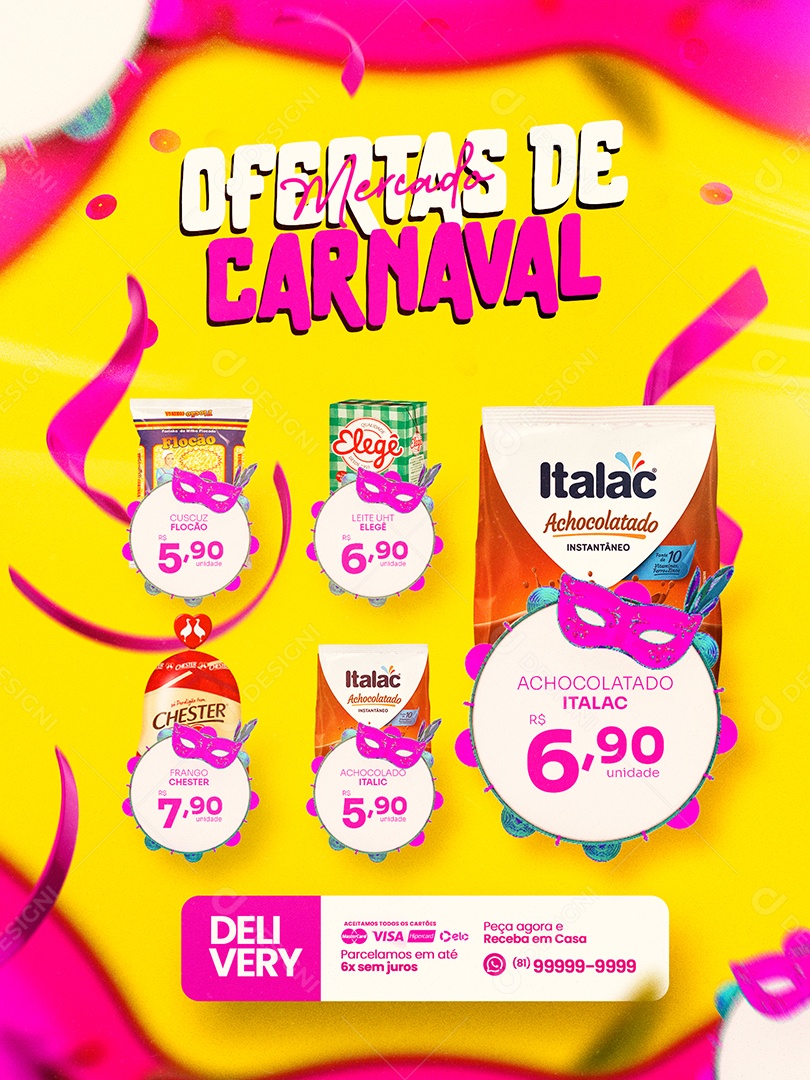 Encarte Ofertas de Carnaval Mercado Social Media PSD Editável
