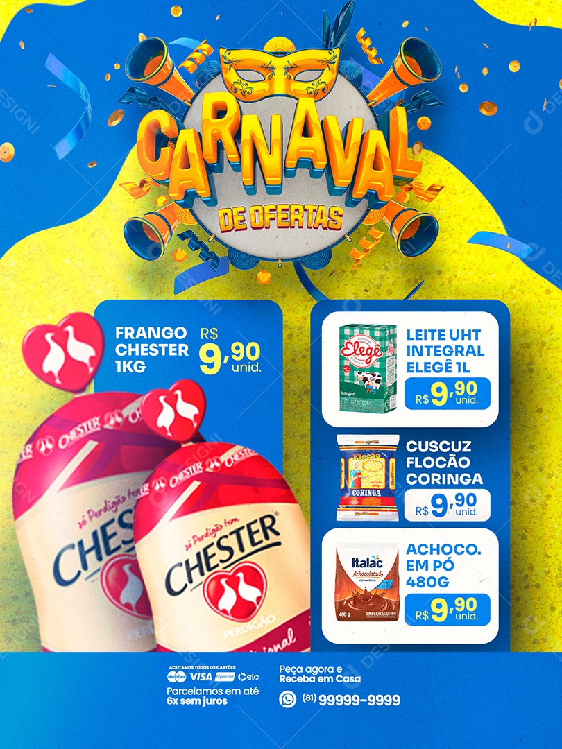 Encarte Carnaval de Ofertas Frango Chester Supermercado Social Media PSD Editável