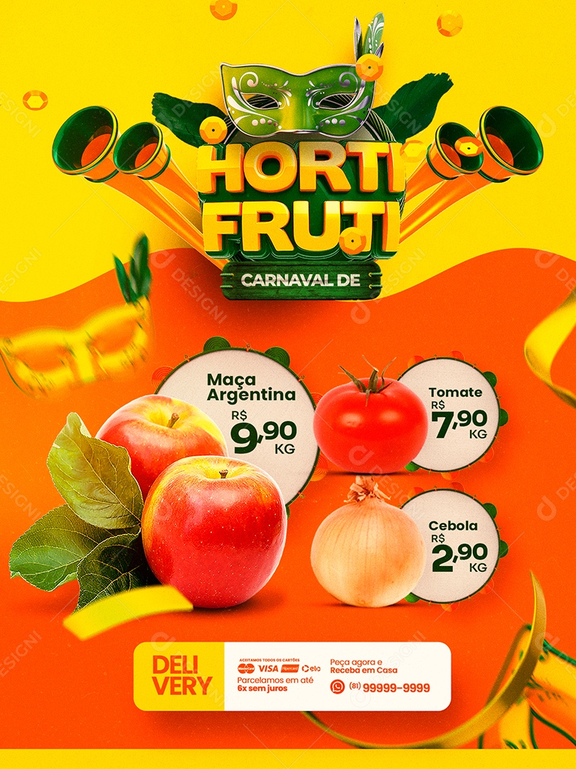 Encarte Carnaval de Hortifruti Maça Argentina Social Media PSD Editável