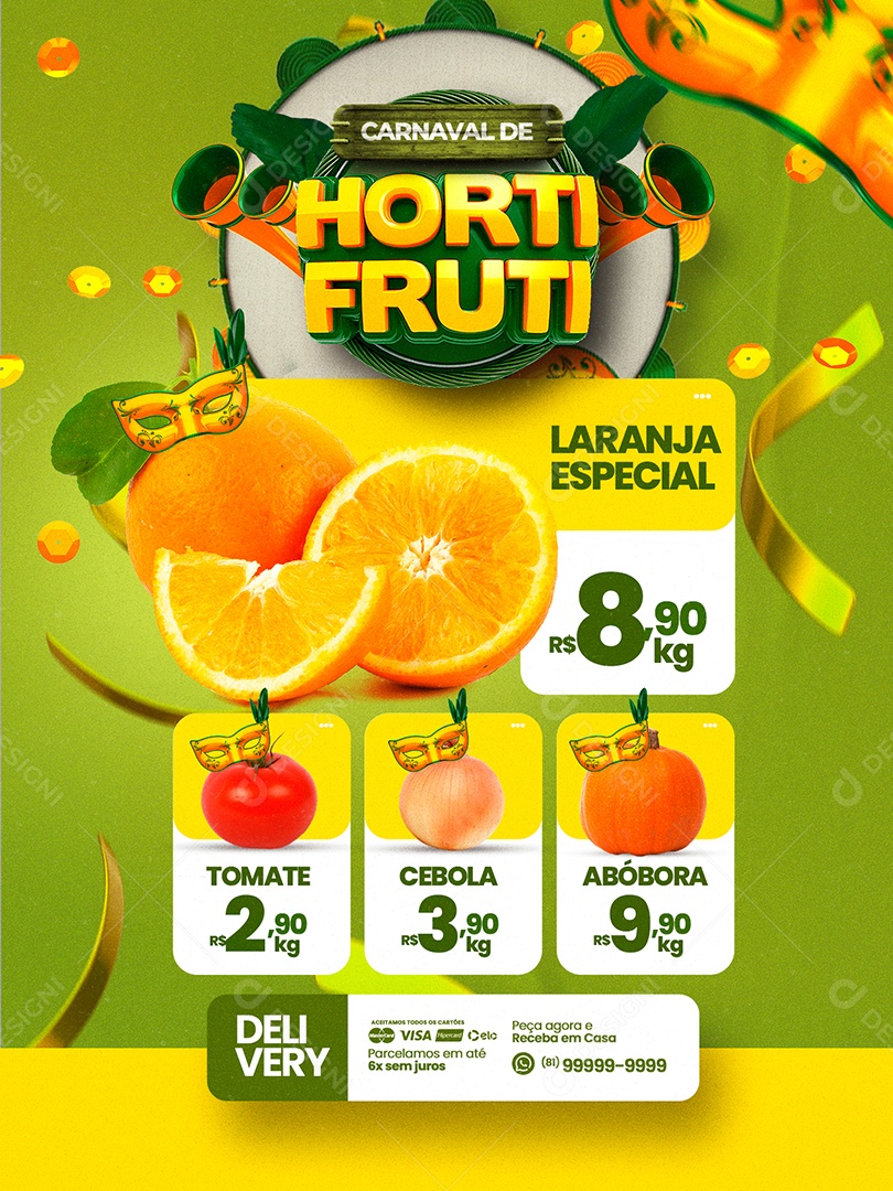 Encarte Carnaval de Hortifruti Laranja Especial Social Media PSD Editável
