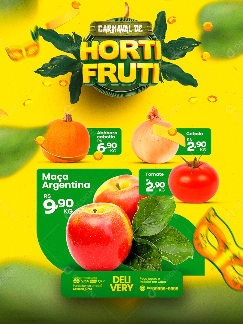 Encarte Carnaval de Hortifruti Maça Argentina Social Media PSD Editável
