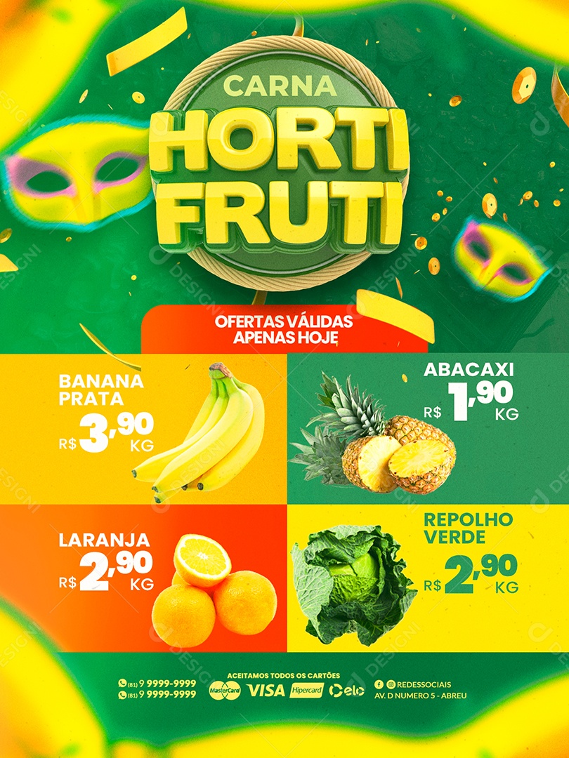 Encarte Carna Hortifruti Ofertas Válidas Apenas Hoje Carnaval Social Media PSD Editável