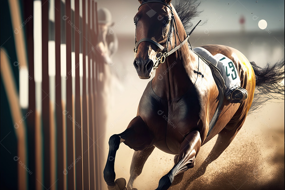 Corrida de cavalo cruzando a linha de chegada dando um belo salto