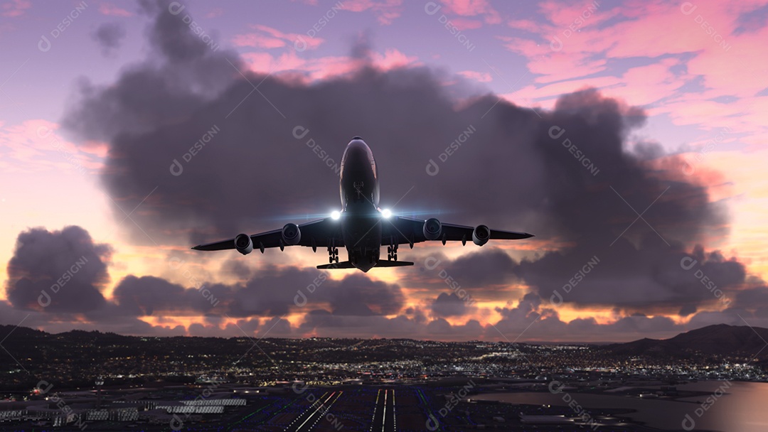 Os aviões comerciais decolam com o aeroporto no fundo.