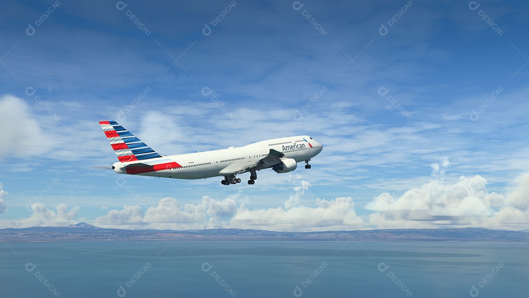 Boeing 747 American Airlines decola com incrível céu azul.