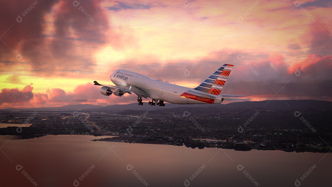 Boeing 747 American Airlines decola com incrível pôr do sol.