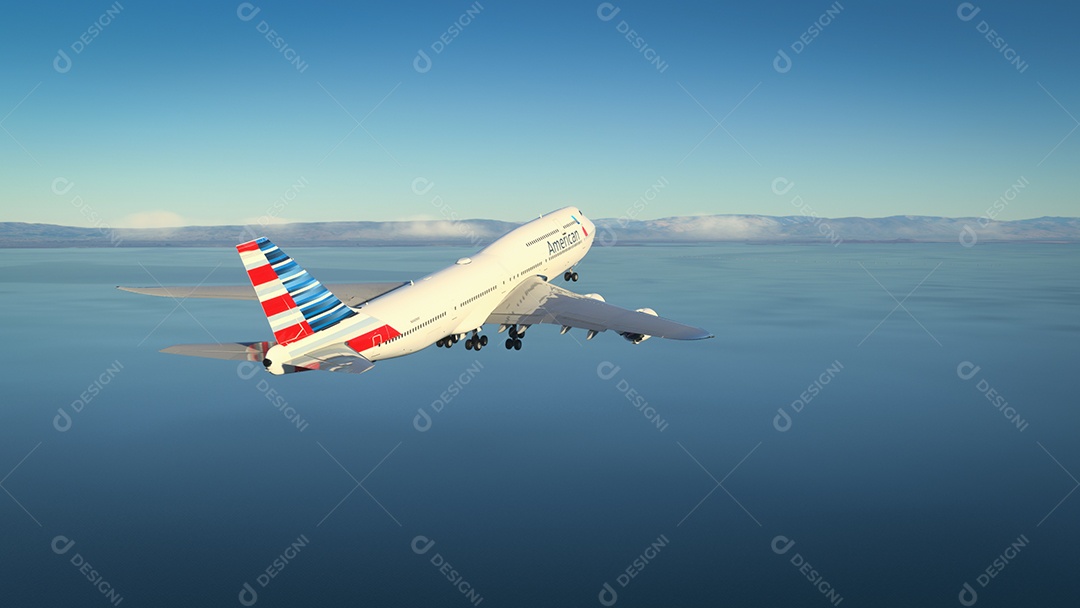 Boeing 747 American Airlines decola com incrível céu azul.