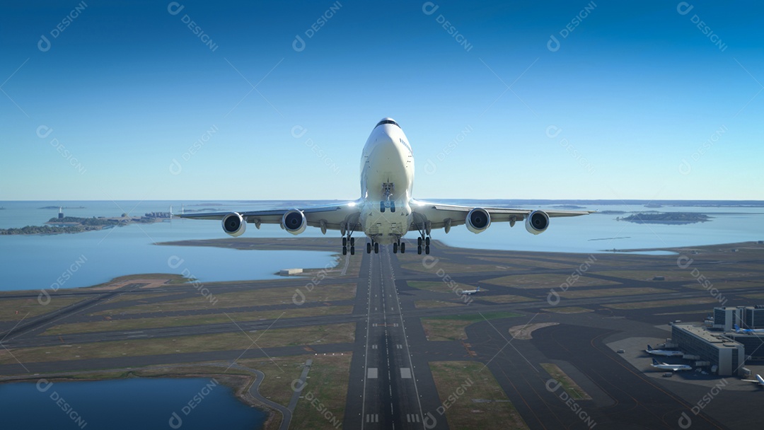 Os aviões comerciais decolam com o aeroporto no fundo.