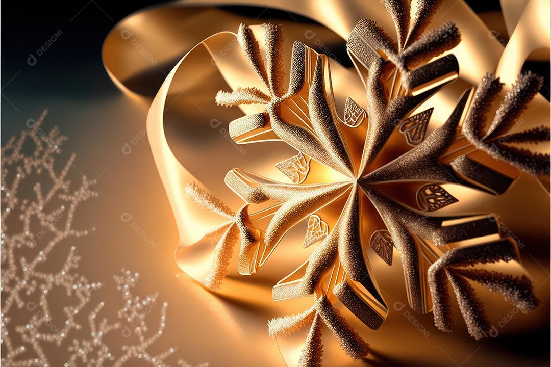 Textura de natal com detalhes de fitas de decoração dourada com luzes e flocos de neve