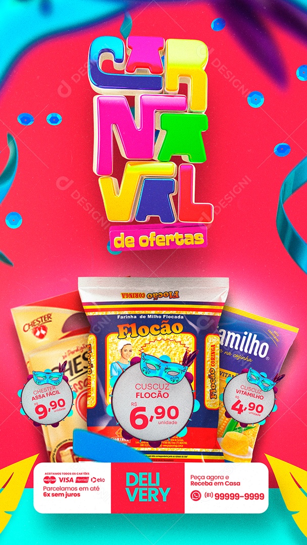 Story Encarte Carnaval de Ofertas Flocão Supermercado Social Media PSD Editável