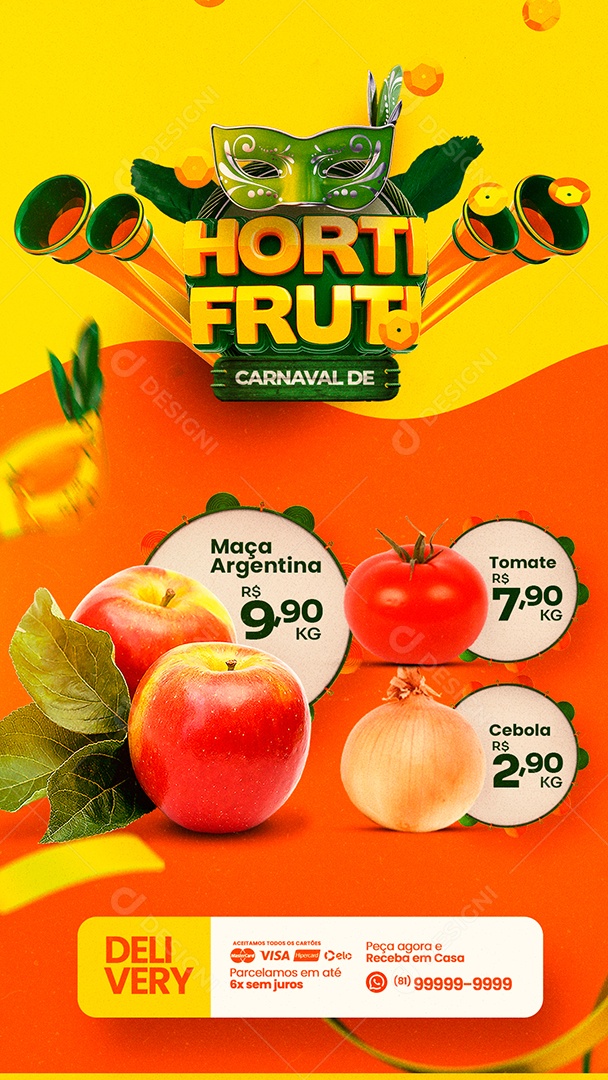 Story Encarte Carnaval de Hortifruti Maça Argentina Social Media PSD Editável