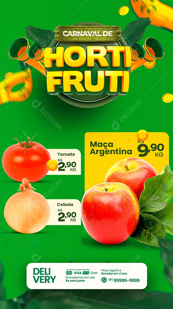 Story Encarte Carnaval de Hortifruti Maça Argentina Social Media PSD Editável