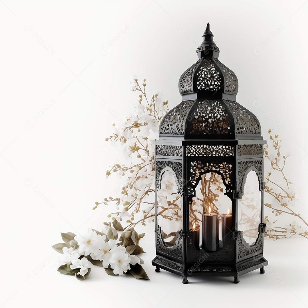 Lanterna árabe marroquina preta ornamental com galhos de árvores prunus florescendo na mesa branca