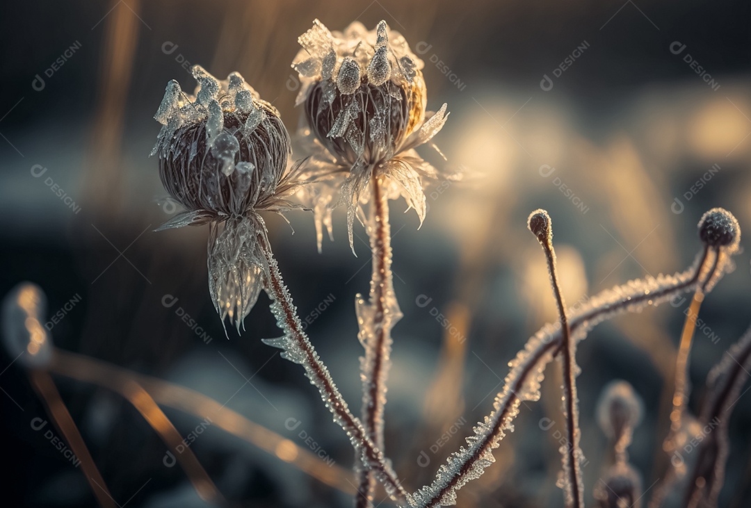 Algumas lindas plantas congeladas de ervas daninhas cobertas de pingentes de gelo. Fundo de inverno