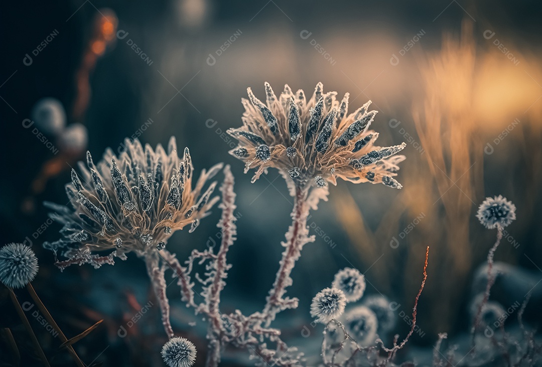 Algumas lindas plantas congeladas de ervas daninhas cobertas de pingentes de gelo. Fundo de inverno