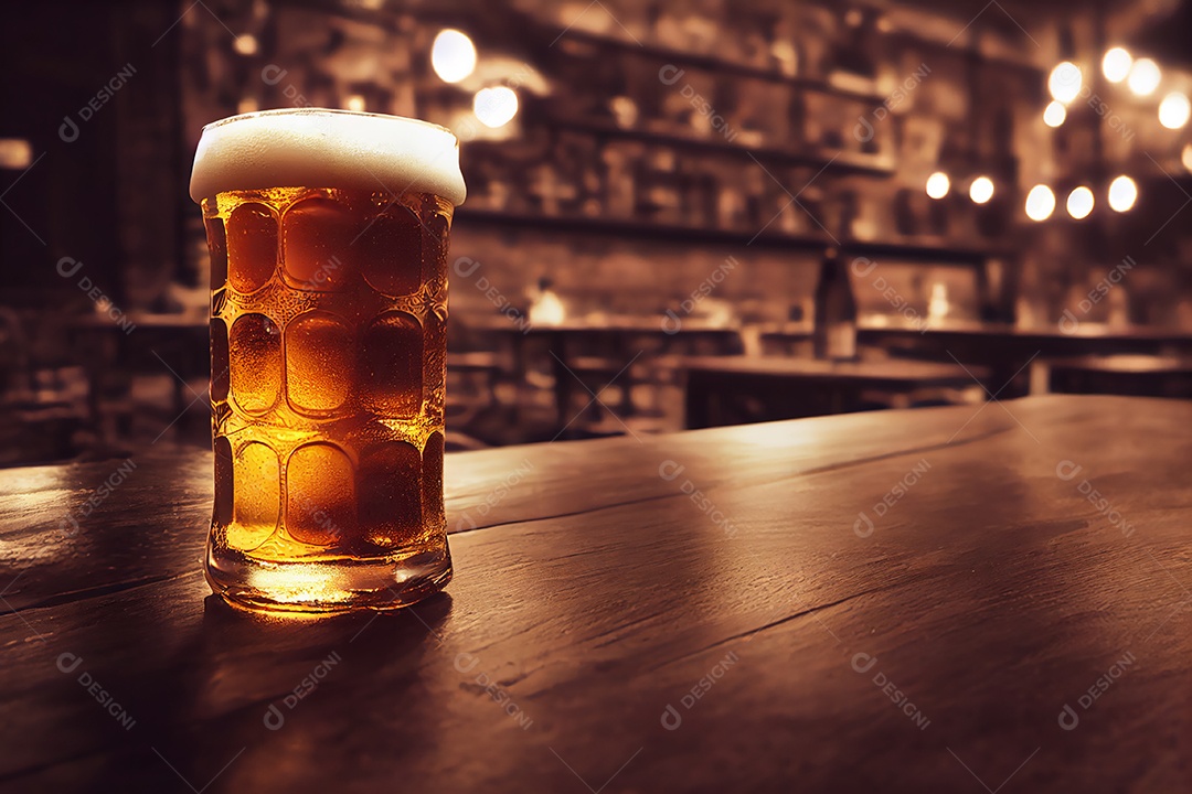 Copo de cerveja sobre uma mesa de bar