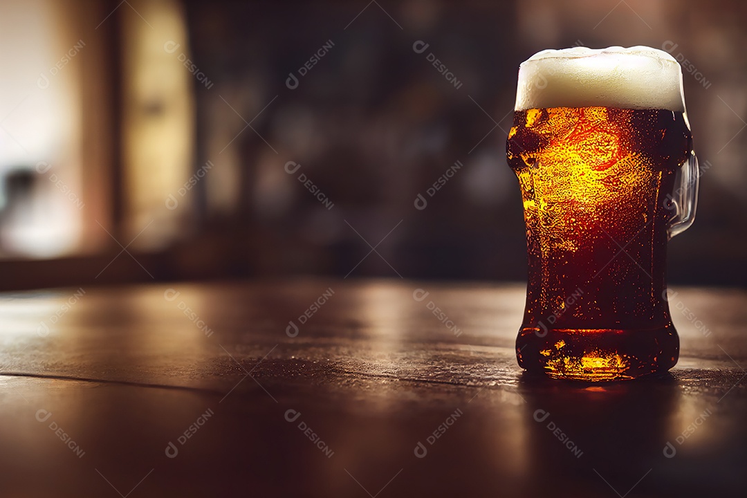 Copo de cerveja sobre uma mesa de bar