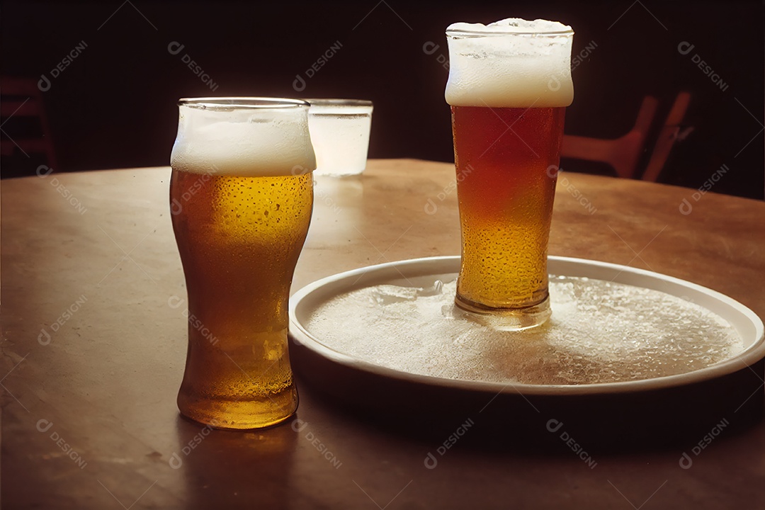 Copo de cerveja sobre uma mesa de bar