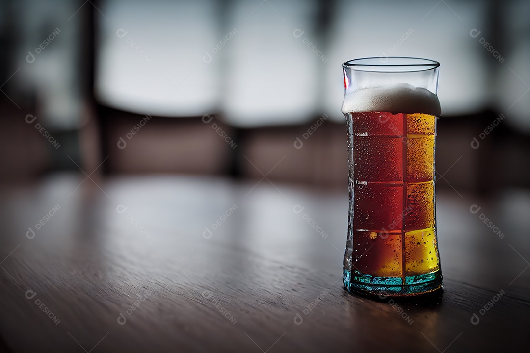 Copo de cerveja sobre uma mesa de bar