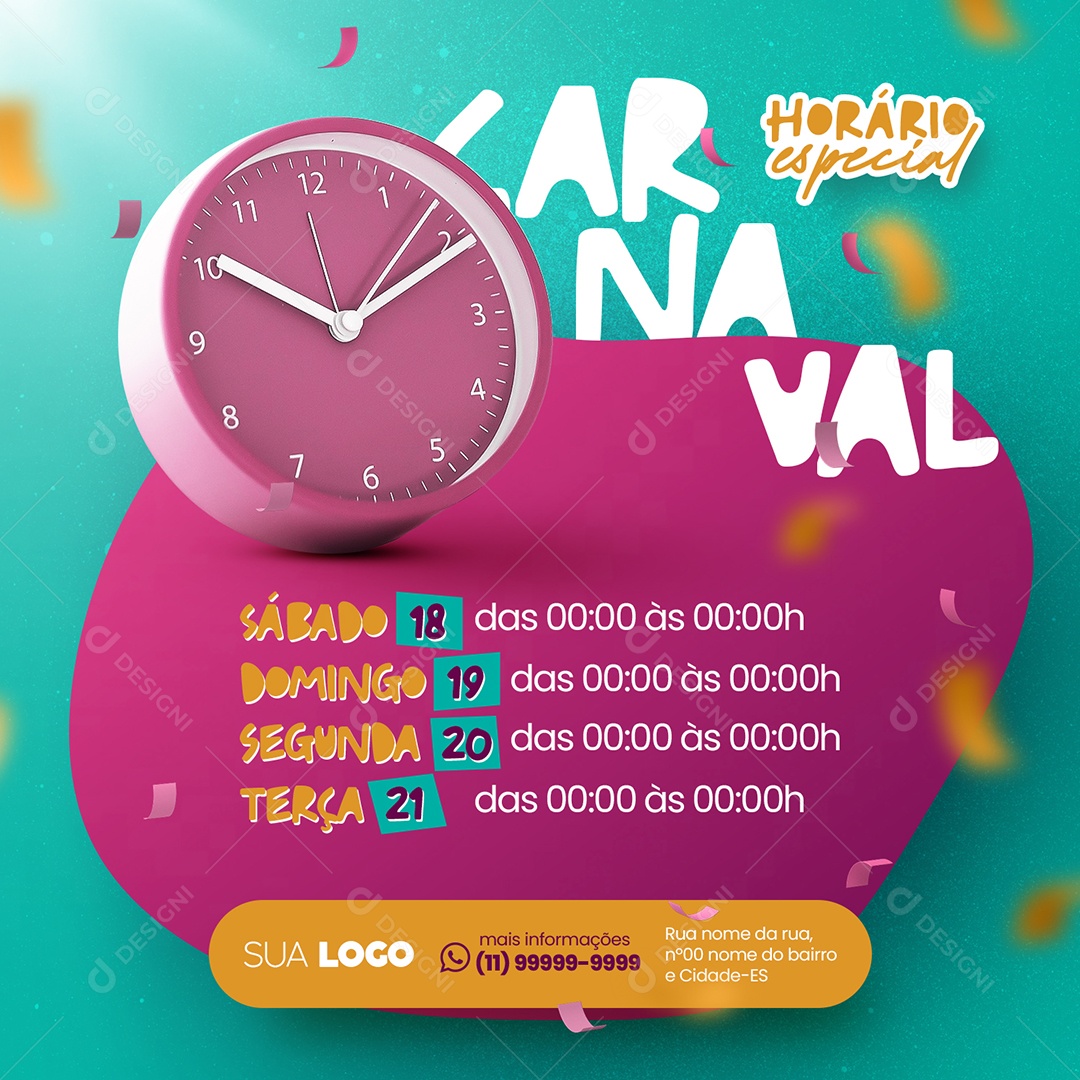 Horário Especial de Carnaval Social Media PSD Editável