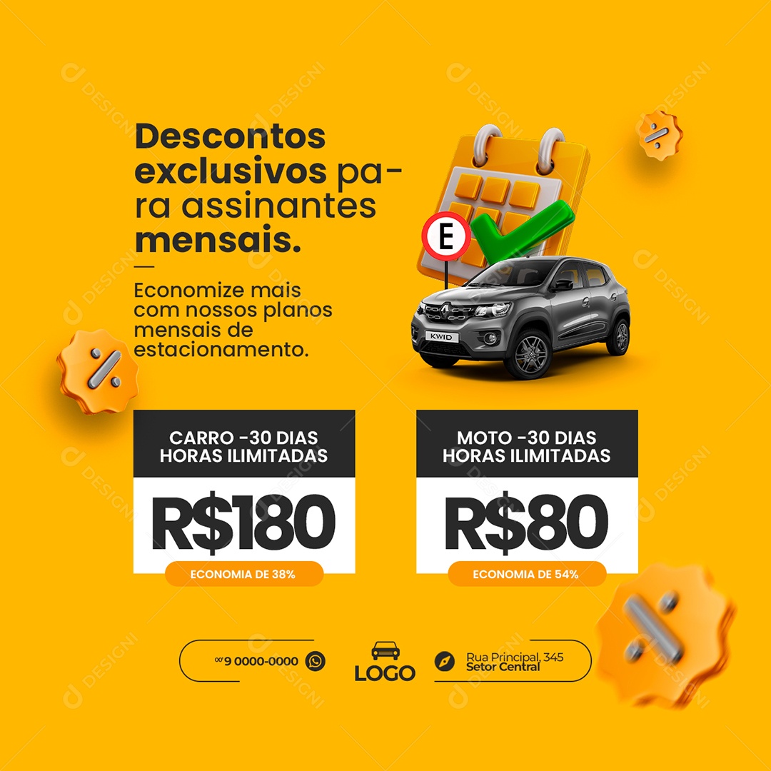 Descontos Exclusivos Para Assinantes Estacionamento de Carros Social Media PSD Editável