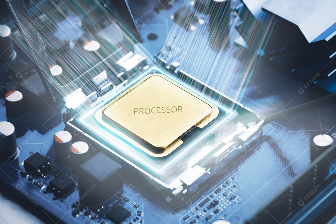 Chip de CPU dourado em um slot na placa-mãe do computador