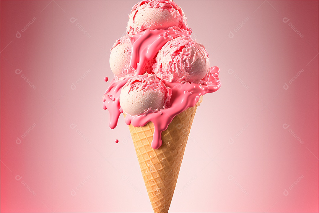 Três bolas de delicioso sorvete de morango em cone de wafer, respingo de leite rosa, geraram inteligência arificial. lanche gelado