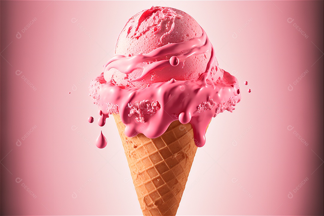 Três bolas de delicioso sorvete de morango em cone de wafer, respingo de leite rosa, geraram inteligência arificial. lanche gelado