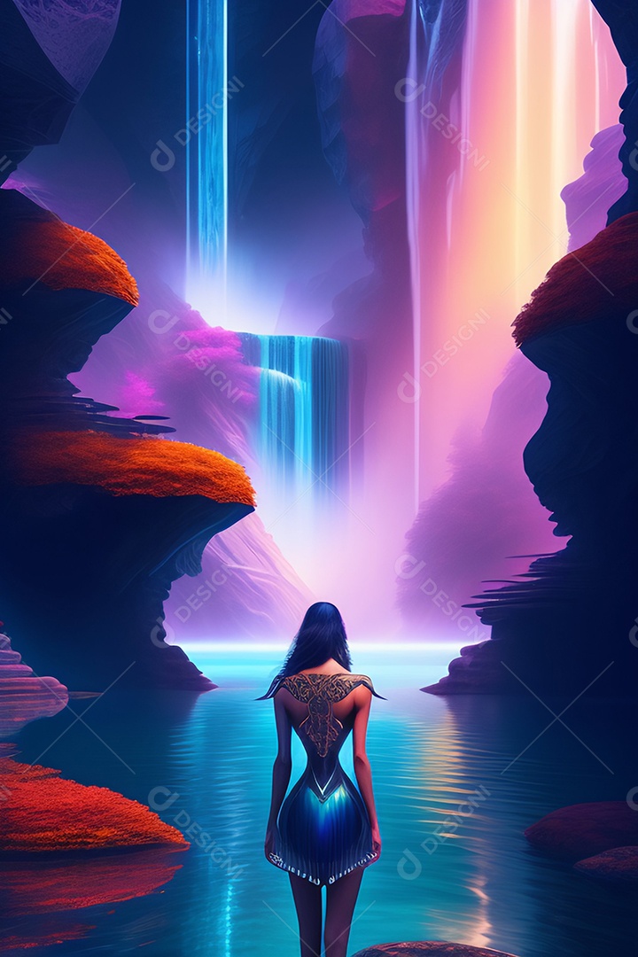 Linda mulher na beira de lago paisagem